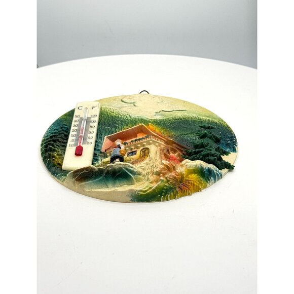 Vintage Hand-Painted Wall Thermometer With Rustic Cabin Design & Scenic Forest B - Picture 3 of 5